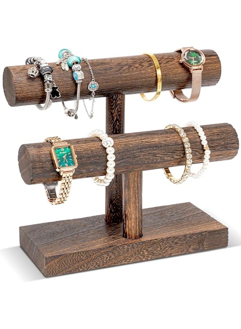ProCase 2 Tiers Wooden Bracelet Display Organizer Tower, Natural Wood Vintage Bracelet Bangle Wrist Watch Jewelry Accessory Holder Storage Rack for Selling -Brown