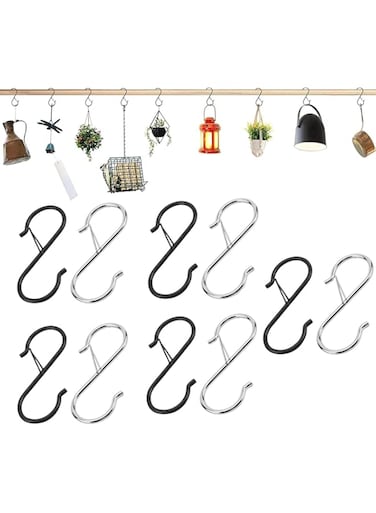 ALMEKAQUZ 10Pcs S Hooks Hanging Safety Buckle, 3.5 Inch Heavy Duty S Hooks, Hanging Plants for Closet Hooks, Clothes, Kitchen Utensil, Pots and Pans, Bags (5Black+5Nickel)