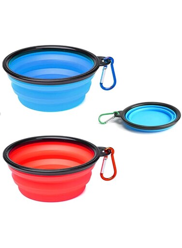 M&amp;J&amp;DELEE M&amp;J 2Pcs Folding Dog Bowl with Carabiner Outdoor Portable Foldable Silicone Dog Water Bowls for Travel Climbing (Blue+Red)
