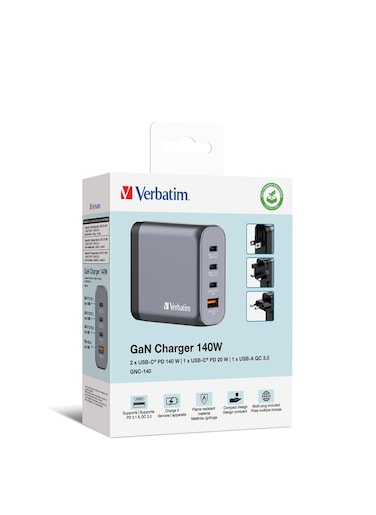 Verbatim GaN Charger 140 W, 4 Ports USB-C Charger, Power Adapter with 3 x USB-C and 1 x USB-A, Fast Charger as Multiple Plug, for Apple MacBook, Notebook, iPad, iPhone