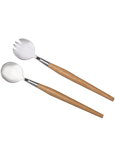 Salad Servers Set Stainless Steel Salad Forks Salad Spoon Salad Servers with Wooden Handle Serving Cutlery Salad Tongs Server Cutlery Kitchen Utensils Dishwasher Safe for Dining Room 2 Pieces 28 cm