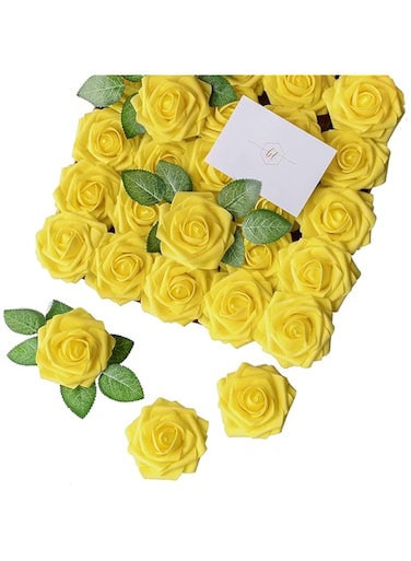 ELECDON 100 Pcs Artificial Rose Flower Heads Real Looking Yellow Foam Fake Roses for DIY Wedding Centerpieces Arrangements Party Tables Home Decorations (Yellow, Stemless)