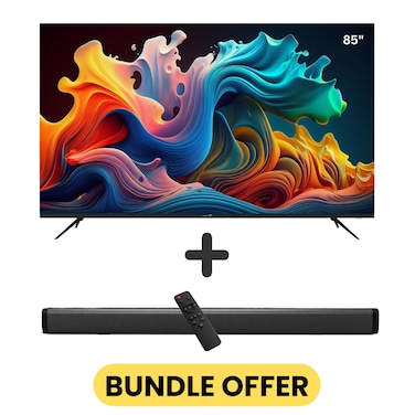 85 Inch 4K UHD Edgeless Google TV with Dolby Audio, Bluetooth, Voice Remote, A+ Grade Panel Paired with 2.0 Channel 30W Soundbar, Bluetooth, USB, FM Radio - 2024 Model, E85ELGT1100+SOUNDBAR