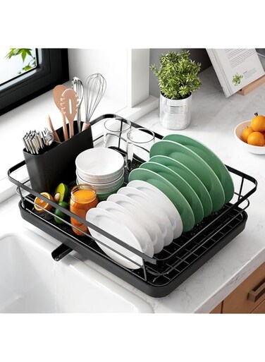 Dish Drying Rack for Kitchen Counter, Stainless Steel Rustproof Dish Rack with Drainboard, Large Capacity Dish Drainer with Utensil Holder for Sink