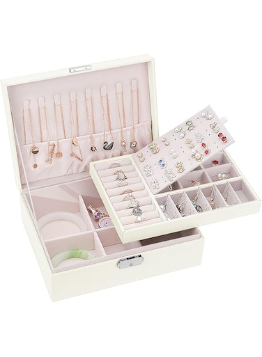MAYZHOU Cosmetic Storage Box With Drawer, Jewellery Box Organiser, Jewellery Box Organiser for Women,2-Layer Women Girls Jewellery Boxes Lockable, for Rings, Bracelets, Earrings(White)