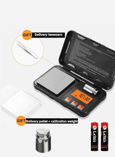 Scale 50g/0.001g,6 Units Conversion-g/oz/ozt/dwt/ct/gn, Mini Scale,Pocket Scale,LCD Display,with 2 Batteries-20g Weights-Tweezers Weighing Tray,Suitable for Jewellery-Goldsmithing-Food-Powder and Spices,Measuring Tools Multifunction,Premium Digital Electronic Scale