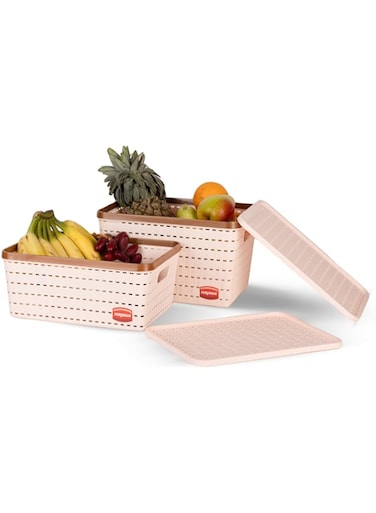 Nayasa Gloria 2 Pcs Set Basket   Medium 1 + Big 1   Plastic Basket With Lid   Multipurpose Basket With Lid   Organizer Basket With Lid   Peach