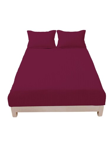 Smart Fitted Bed Sheet Striped Cotton Bedsheet with Pillow Cover Maroon