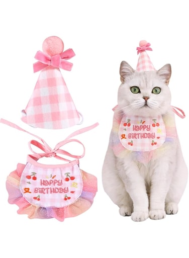 Excefore Pet Birthday Hat Scarf Set, 2 Pcs Lovely Pet Birthday Bandana Party Supplies, Adjustable Pet Collar Bowtie, Party Grooming Supplies, Suitable for Kitten, Small Medium Dog, Pink