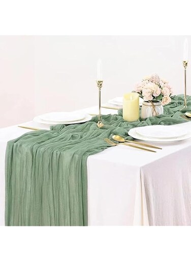 CLENEA 3m Cheesecloth Table Runner, Sage Green Wedding Table Runner, 90x300 cm Boho Gauze Table Runner, Rustic Sheer Table Decor for Romantic Bridal Shower, Baby Shower, Birthday Party