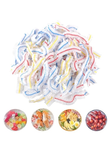Ruig 100 Pcs Fresh Keeping Bags, Disposable Food Covers Plastic Wrap Cover Elasticated Food Covers Cling Film Bag for Fruit Vegetables Food, Blue,red