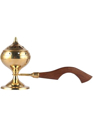 QUESERA Quesera&reg; Brass Incense Burner/Sambrani Stand &amp; Loban Dhoop Burner with Wooden Handle
