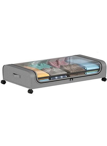 Underbed Storage Box Large Capacity Clothes Organizer Container Bin with Wheels Zipper Clear Window Lids