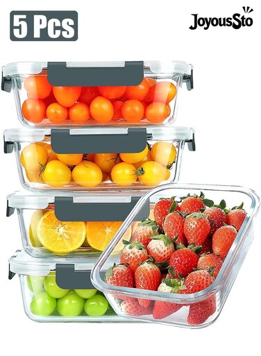 5 Pcs 1040ml(35oz) Glass Meal Prep Containers with Lids, Food Storage Containers with Snap Locking Lids, Airtight Lunch Containers, Microwave, Oven, Freezer and Dishwasher