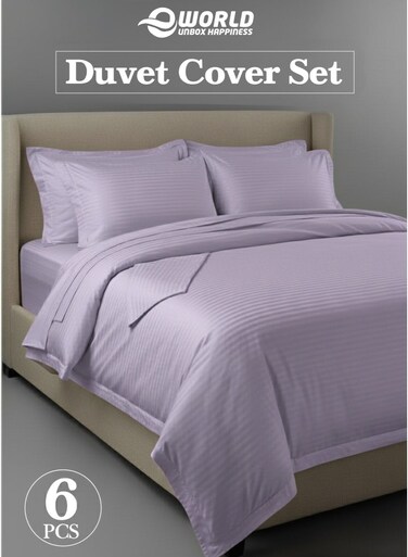 Premium Striped Duvet Set All Season &acirc;&euro;&ldquo; 6-Pieces Set Lilac   King Size 220x240 cm   Ultra-Soft, Wrinkle-Resistant &amp; Made in Dubai   Includes Duvet Cover, Fitted Sheet (200x200 cm) &amp; 4 Pillowcases (50x70 cm)