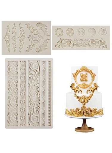 Chistepper 3 Pieces Baroque Fondant Molds Scroll Border Lace Silicone Molds Curlicues Gum Paste Candy Chocolate Molds for Cake Decorating Sugar Craft Polymer Clay