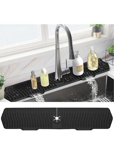 PoYang 30 inch Kitchen Sink Splash Guard, Silicone Draining Mat for Sink, Extra Long Silicone Faucet Drainer Pad, Sink Protectors for Kitchen Sink Mat, Splash Guard Kitchen Sink Accessories, Black