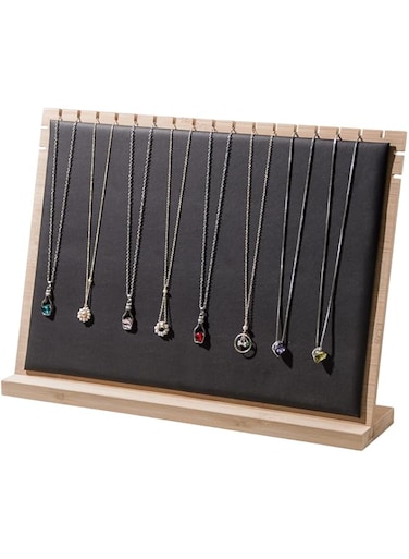 Tazweeq Large Bamboo Necklace Display Stand,Pendant Long Necklace Jewellery Holder For Store Selling,Chain Jewelry Rack Organizer for Home,Shop Show (Black leather, L)