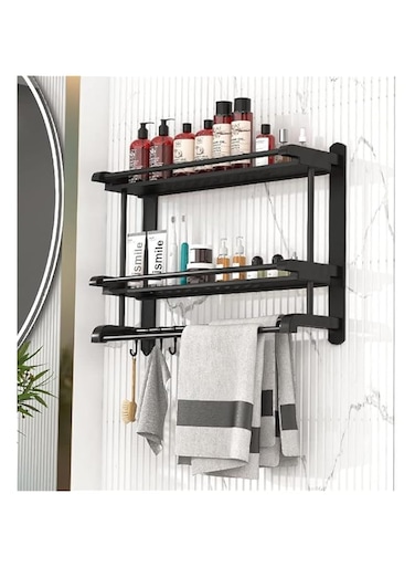 AMERTEER 2 Tier Shower Caddy   Adhesive Bathroom Organizer with Towel Bar   No Drilling, Large Capacity, Rustproof Shower Shelf for Inside Shower   Bathroom &amp; Kitchen Storage (Black)
