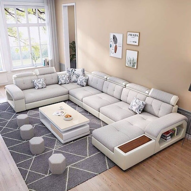 Karnak Soderhamn 7 Seater Sectional Leather/Polyester Sofa - Light Grey