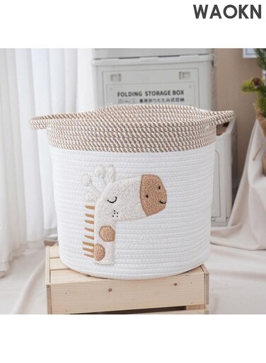 Giraffe Storage Basket , suitable for Nursery , Cotton Rope Bin with Soft Felt Animal Patch , Toy Organizer , Baby Laundry Hamper , Diaper &amp; Towel Holder , Foldable , Washable &amp; Baby Safe , 30*30cm , brown .