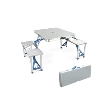 Foldable Aluminum Picnic Table with 4 Seats   Portable Camping Table &amp; Bench Set