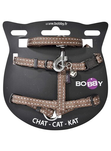 Bobby reflective night safe cat harness with lead and small bell,brown