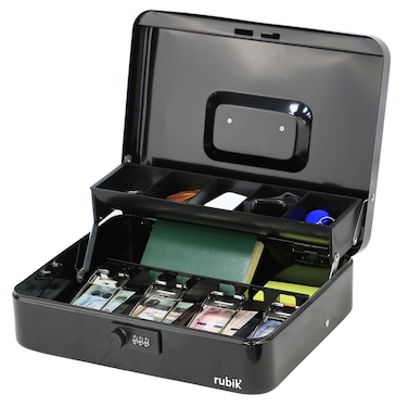 Rubik X-Large Cash Box with Combination Lock Money Tray Coin Slot Tray Steel Register For Business, Durable Portable Security Lockable Money Box Safe for Cash Storage (Black)