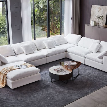 Karnak Danietta Luxury 6 Seater U-Shape Couch Polyester Sofa - White