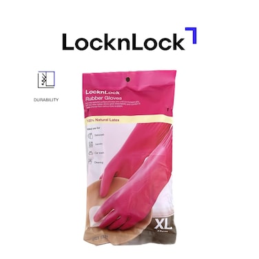 LocknLock Pink Rubber Gloves (XL) 42cm - Non-Slip Grip, Comfortable Fit, Ideal for Household Cleaning