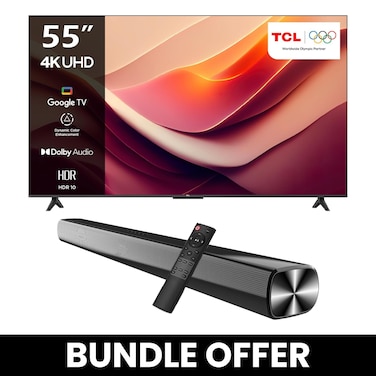 TCL 55-Inch P69B 4K UHD TV &amp; Soundbar Bundle &ndash; HDR10, Dolby Audio, T-SCREEN, Google TV Immersive 2-Channel Sound, USB, HDMI, Bluetooth &amp; More - 55P69B+SOUNDBAR