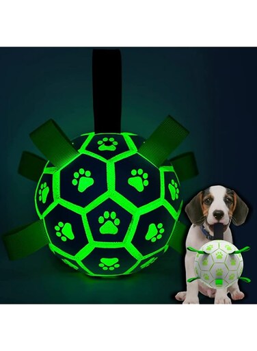 QDAN Glow in The Dark Dog Toys Soccer Ball with Straps, Outdoor Interactive Dog Toys Puppy Birthday Gifts, Dog Tug Water Toy, Light Up Dog Balls for Small &amp; Medium Dogs（6 Inch Size 2）