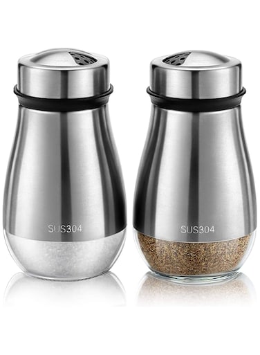 Azonee 2Pcs Salt and Pepper Shakers Set, Salt Shaker with Adjustable Pour Holes, 304 Stainless Steel and Glass Spice Dispenser Refillable, Perfect for Black Pepper, Sea Salts