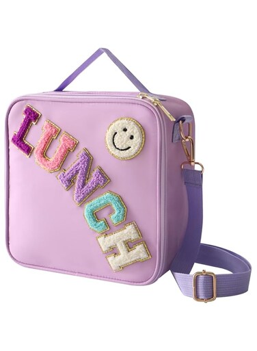 Insulated Lunch Bag With Adjustable Shoulder Strap, Nylon Preppy Lunch Box Large Insulated Lunch Bag Reusable Lunch Tote Bag with Smiley Preppy LunchBag for Girls,Lunch Bag Purple
