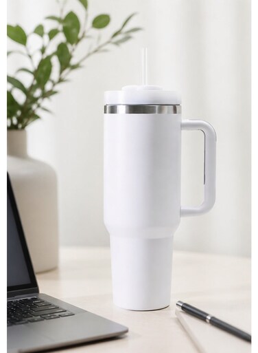 Collections 40oz White Stainless Steel Tumbler with Handle &amp; Straw Lid   Vacuum Insulated Leak-Resistant Water Bottle 1200ml   Reusable Travel Mug for Home, Office &amp; Car