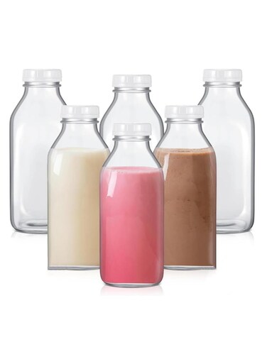6Pcs 32oz Glass Milk Bottle with Plastic Tamper-proof Caps Vintage Reusable Dairy Drinking Containers, Milk, Juice,Yogurt, Smoothies