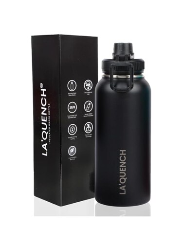 LA'QUENCH&trade; 18/8 Stainless Steel Water Bottle 1L / 32oz Double Wall Vacuum Insulated Thermos Flask Wide Mouth Gym Sports Bottle (Black)