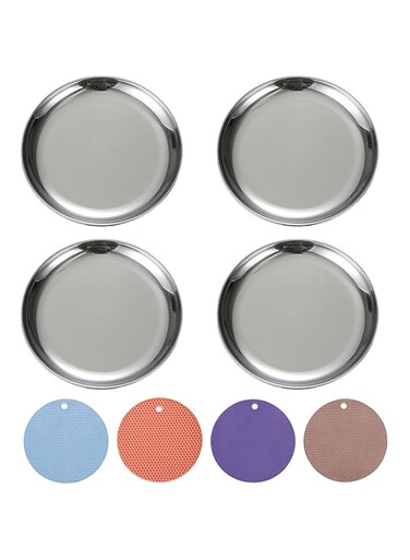 RMNHPTK Cat Food Dishes, Stainless Steel Cat Bowls Relief Whisker Fatigue Cat Bowl Cat Food Plates with Non-Slip Mats Shallow Cat Bowl for Wet &amp; Dry Food (4 PCS, Medium)