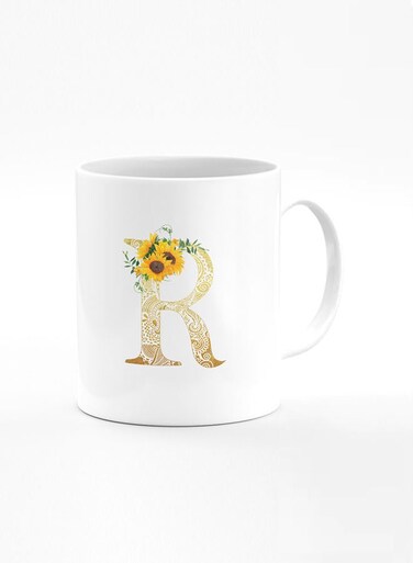 Designer Printed Coffee Mug 11oz Ceramic Personalised Gift Mugs Cup Custom Monogram Initial Letter Floral Pattern Alphabet R (White)