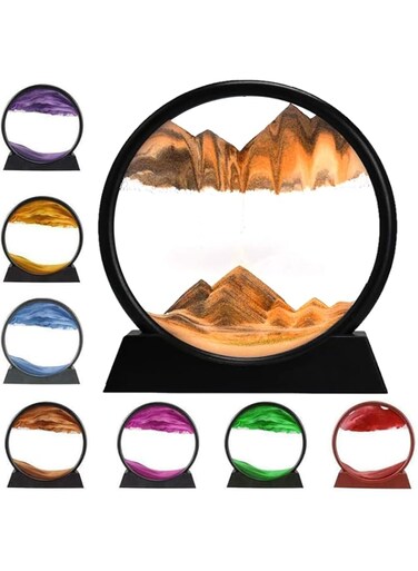 rysnwsu 3D Dynamic Sand Art Liquid Motion, Moving Sand Art Picture Round Glass 3D Deep Sea Sandscape in Motion Display Flowing Sand Frame Relaxing Desktop Home Office Work Decor (Yellow, 7'')
