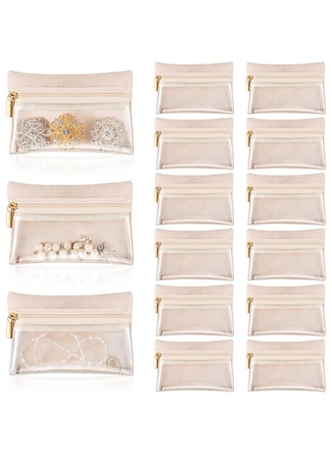 Uiifan Travel Jewelry Organizer Flannel Jewelry Bags Portable Jewelry Pouch with Zipper Pockets for Women Girl Gift, Beige and Clear