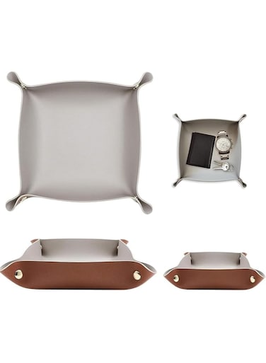 X spring Valet Tray, 2 Pack Premium PU Leather Valet Tray, Valet Tray Desktop Storage Organizer, Foldable Desktop Organizer, Suitable for Office, Bedside Tables, Dressing Tables (Brown)
