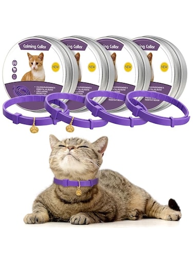 Weewooday 4 Pcs Calming Cats Collar Adjustable Cat Calm Collar Lavender Scent Relaxing Cat Collar with 2 Pendant for Puppies Cats Reduce Stress Aggression Anxious, up to 15 Inches (Purple, Gold)