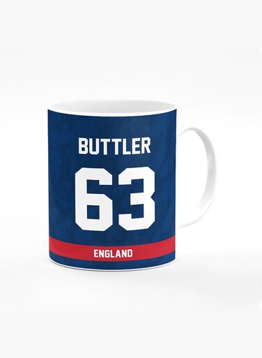 Designer Printed Coffee Mug with Heavy Duty Handle 11oz Ceramic Personalised Gift Mugs Cup [Microwave Safe &amp; Dishwasher Proof ] - Cricket Player - Jos Buttler, Jersey Number - 63