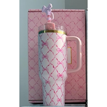 Stanley Insulated Tumbler with Handle &amp; Straw &ndash; Pink Bow Design Reusable Cup