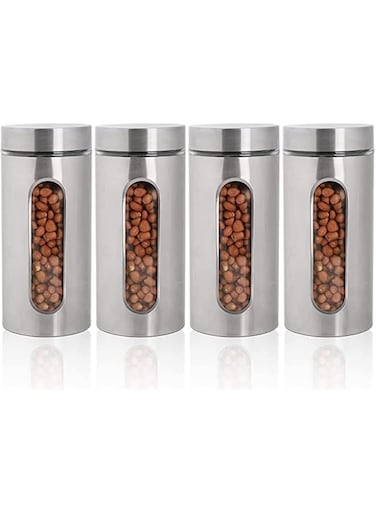 TAPIT Kitchen Canisters Set, Stainless Steel and Glass Canister with Window, Kitchen Organisation Glass Jars with Airtight Lids for Flour Cookies Spices Grains (4pcs,1300ml*4)