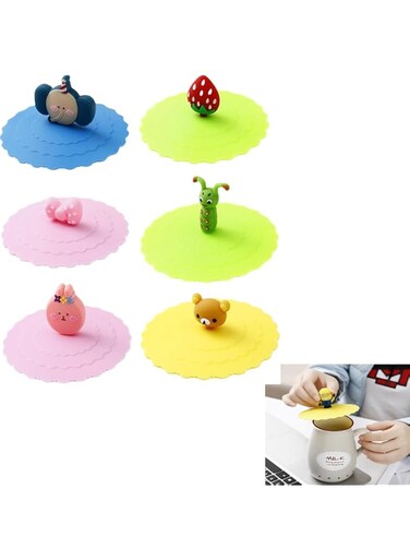 KASTWAVE Silicone Cup Covers, 6Pcs Anti-Dust Colorful Drink Covers, Cute Animal Silicone Coffee Cup Lid, Reusable Airtight Mug Cover for Hot and Cold Beverages