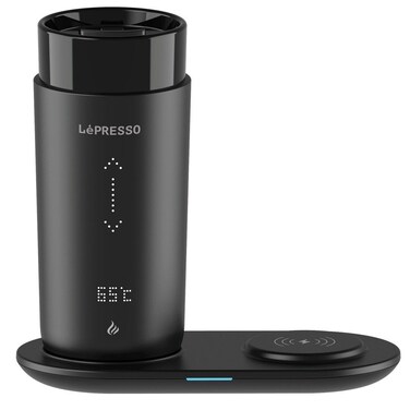 LePresso Smart Travel Heating Mug with Wireless Charging Base, Temperature Control 35 to 65&deg;C, 4000mAh Battery, Leak-Proof Design, Real-Time Display, Stainless Steel Ceramic Glaze, 355ml, Black
