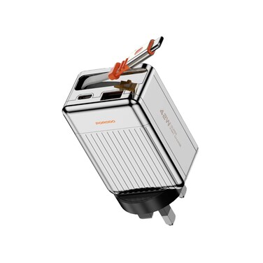 Porodo Super Quick GaN Charger with 75cm Retractable Type-C Cable, 42W Power Delivery, 22.5W USB-A Output, Simultaneous Charging, Built-in Safeguards, Compact Travel Design &ndash; Silver
