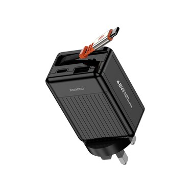 Porodo 75cm Retractable Type-C Super Quick GaN Charger UK Plug, PD 42W, USB-C 42W Max, USB-A 22.5W Max, 20W Cable Output, Simultaneous Charging, 0%-60% in 35 Mins, Built-In Safeguards

